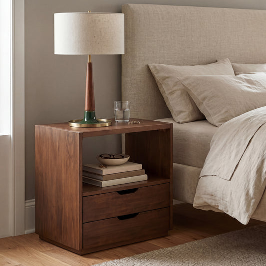 Modern Wood Nightstand with Vegan Leather Top