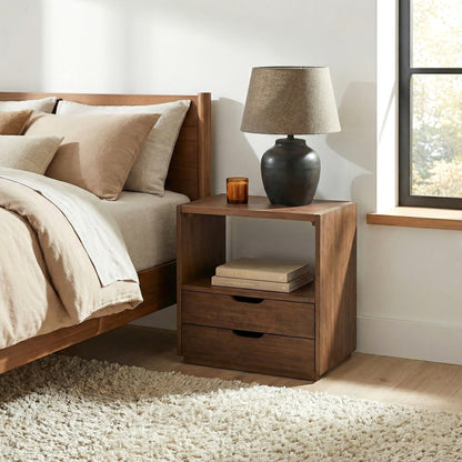 Modern Wood Nightstand with Vegan Leather Top