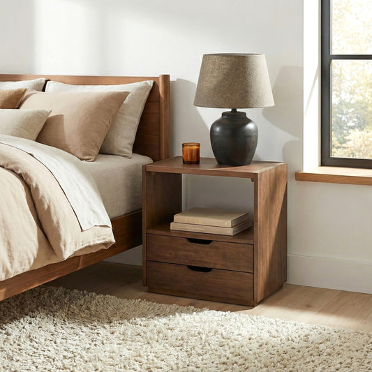 Modern Wood Nightstand with Vegan Leather Top