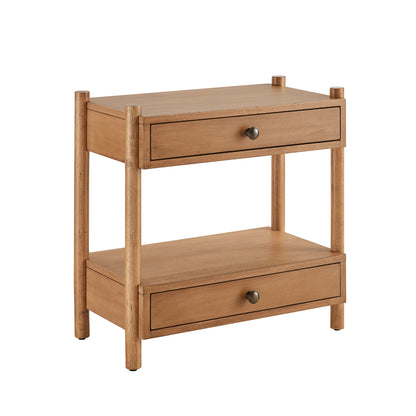 Two Drawer Natural Wood Nightstand