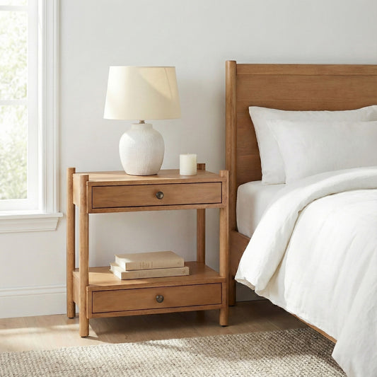 Two Drawer Natural Wood Nightstand